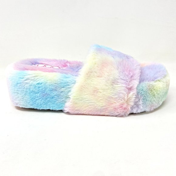 Sugar Wryde Tie Dye Platform Womens Fluffy Slip On Fur Warm Slipper Sandals - Picture 1 of 5